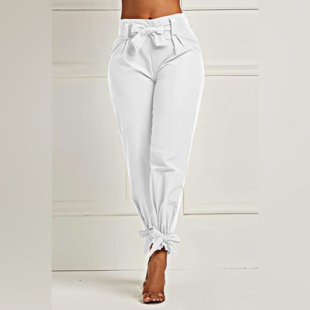 High-Waist White Tie-Waist Ankle Pants